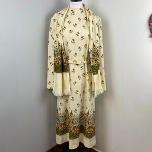 Jeanne Durrell Vintage Neutral 3 Piece Floral Long Sleeve Dress Scarf & Belt